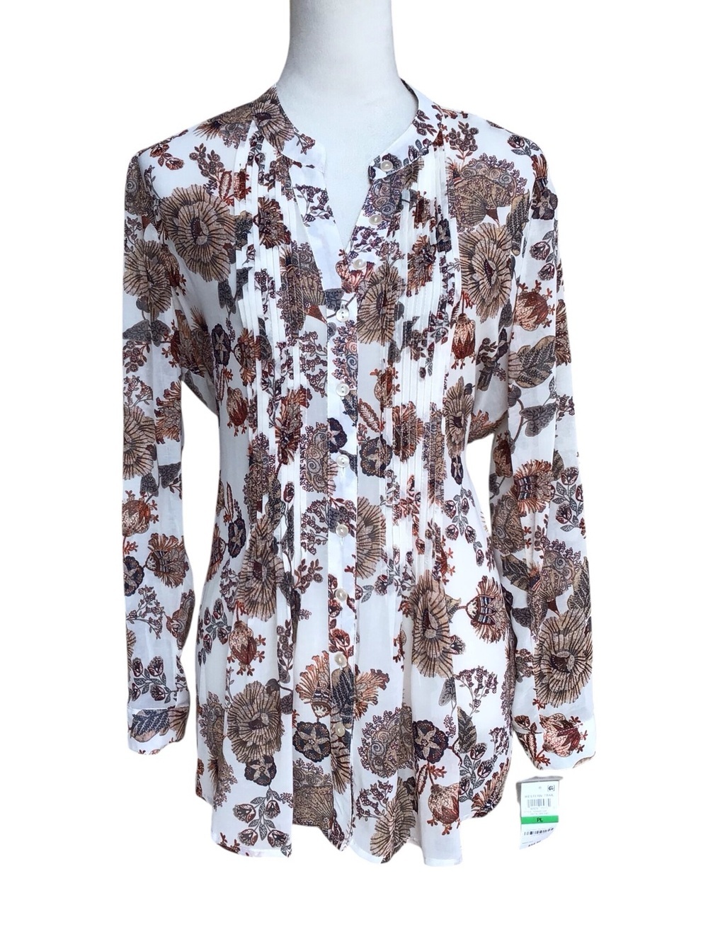 Style & Company Batik Dreams Long Sleeve Button Down Floral Blouse NEW